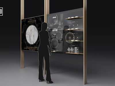 Person Viewing Modern Display Cabinet Featuring Black Gold Frame Glass Panels And Circular Decorations 3d model
