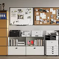 Practical Office Appliances in Organized Office with Filing Cabinets Bookshelves Cork Boards and Whiteboards
