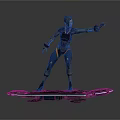 Game Movie Character With Short Hair Wearing Blue Orange Futuristic Mechanical Outfit On Hoverboard In Extended Arm Pose