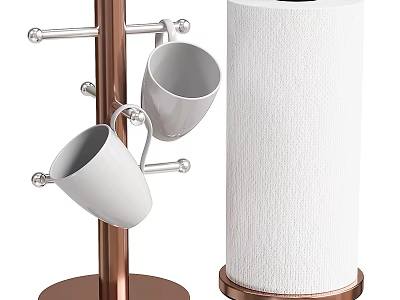 Two White Mugs Hanging On Copper Mug Holder With Paper Towel Holder 3d model