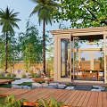 Outdoor Scenic Pavilion with Glass and Wooden Structure Palm Trees Stone Decor and Wooden Deck