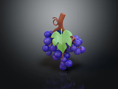 Fresh Ripe Purple Grapes With Green Leaves And Brown Vine On Dark Background 3d model