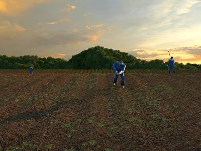 Scenic Sunset Landscape Over Agricultural Field With Workers And Lush Trees 3d model