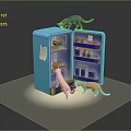 Cartoon Scene With Blue Refrigerator Open Door Three Cats Around Items Inside And Sticky Note