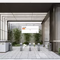 Modern Entrance Gate Design With Metal Frame Glass And Green Trees Slate Floor