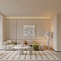 Modern Cream Toned Living And Dining Room With Plush Sofa And Beautiful Abstract Wall Art