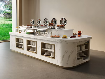Elegant Buffet Table With Marble Countertop Chafing Dishes Fresh Fruits And Beverages 3d model