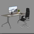 Modern Desk Setup With Computer Monitor Mouse Pad Potted Plant Papers And Black Office Chair
