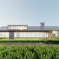 Modern Residential House With Glass Walls Wooden Structure Sloped Roof And Chimney In Green Field