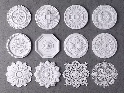 Decorative White Ceiling Medallions Featuring Various Intricate Patterns And Different Shapes For Home Decor 3d model