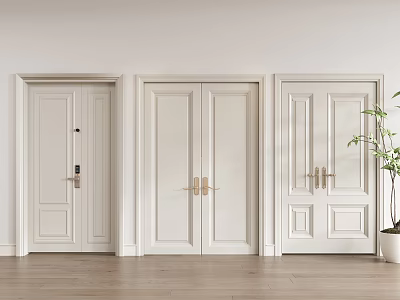 White Wooden Double Doors In Modern Interior With Golden Handles Wooden Floor And Potted Plant 3d model