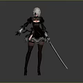 Woman With White Short Hair In Black Lace Dress Holding Long Sword And High Heels