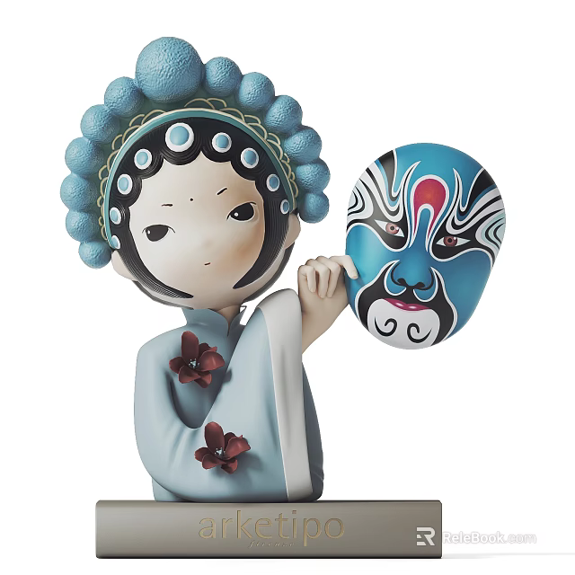 Intricate Chinese Peking Opera Female Sculpture In Traditional Costume With Blue Headdress And Handheld Mask 3d model 