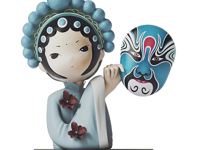 Intricate Chinese Peking Opera Female Sculpture In Traditional Costume With Blue Headdress And Handheld Mask 3d model