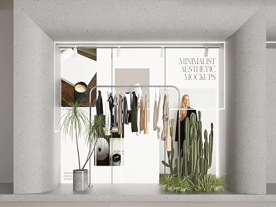 Minimalist Shop Window Display With Hanging Clothes Mannequin Green Plants And Cactus 3d model