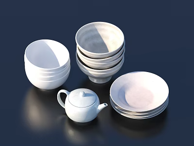 Elegant Minimalist Dinnerware Set Featuring Stacked White Bowls Plates And Teapot 3d model