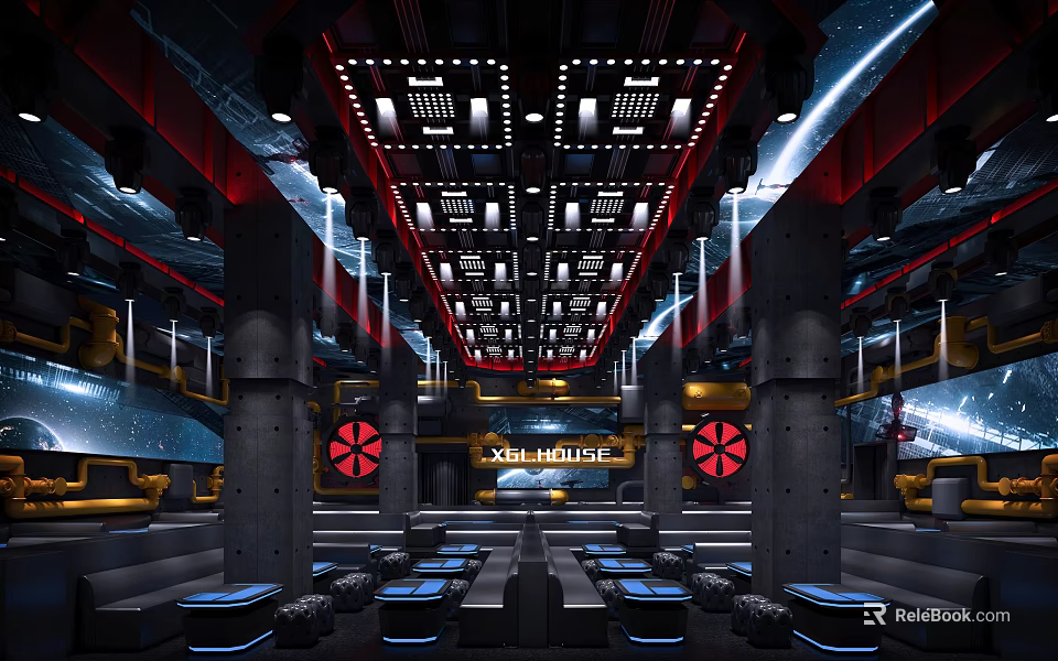 Futuristic X HOUSE Bar Interior Design With Red Black Decor Ceiling Lights And Blue Seating 3d model 