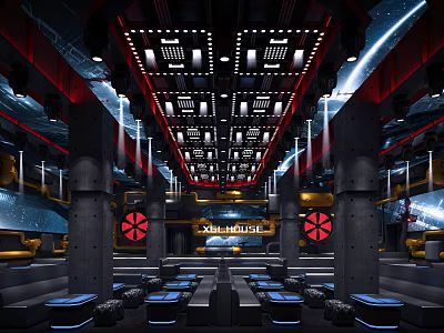 Futuristic X HOUSE Bar Interior Design With Red Black Decor Ceiling Lights And Blue Seating 3d model