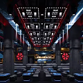 Futuristic X HOUSE Bar Interior Design With Red Black Decor Ceiling Lights And Blue Seating