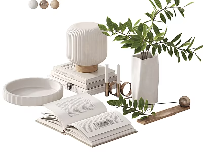Modern Minimalist Decorative Ornament Set With Greenery Vase Open Books Ceramic Tray And Lamp 3d model