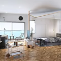 Modern Apartment Interior With Living Room Open Kitchen Wooden Floor Sofa TV And Bookshelves