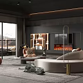 Modern Living Room Interior With White Sofa Orange Armchairs Fireplace TV Wall And Display Shelves
