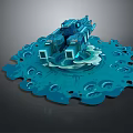 Blue 3D Architectural Model With Circular Perforated Base And Central Structure