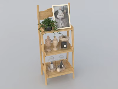 Wooden Multi tier Storage Shelf Rack With Decorative Plants Photo Frame And Ornaments 3d model