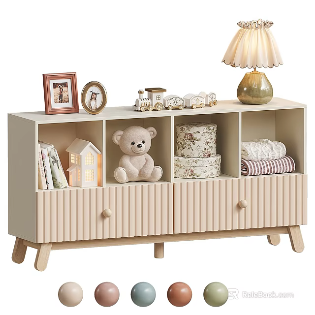 Teddy Bear Doll on Wooden Cabinet with Photo Frames Train Model Lamp and Decorative Box 3d model 