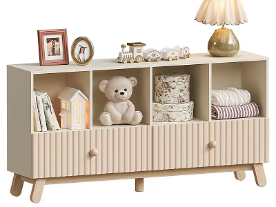 Teddy Bear Doll on Wooden Cabinet with Photo Frames Train Model Lamp and Decorative Box 3d model