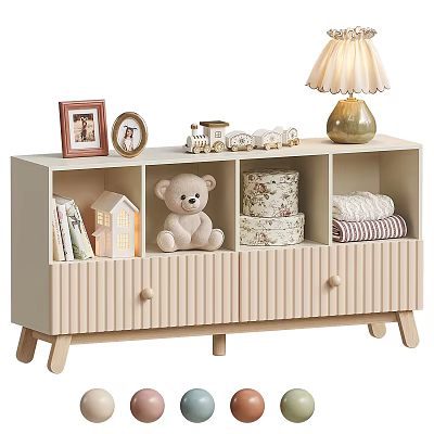 Teddy Bear Doll on Wooden Cabinet with Photo Frames Train Model Lamp and Decorative Box 3d model