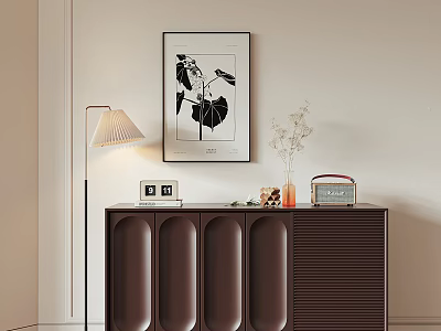 Modern Dark Brown Console Cabinet Sideboard with Decorative Painting Table Lamp Dried Flowers and Radio 3d model