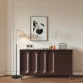 Modern Dark Brown Console Cabinet Sideboard with Decorative Painting Table Lamp Dried Flowers and Radio