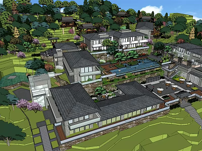 Hotel Building Complex with Modern Traditional Architecture in Lush Green Landscape and Courtyard 3d model