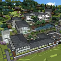 Hotel Building Complex with Modern Traditional Architecture in Lush Green Landscape and Courtyard