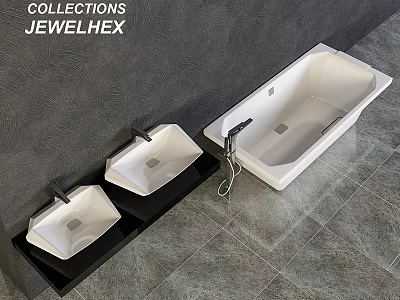 Modern Bathroom With White Embedded Washbasins Black Countertop Bathtub And Grey Tiles 3d model