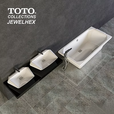 Modern Bathroom With White Embedded Washbasins Black Countertop Bathtub And Grey Tiles 3d model