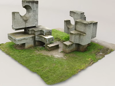 Garden Landscape Featuring Stacked Concrete Geometric Structures on Green Grass 3d model