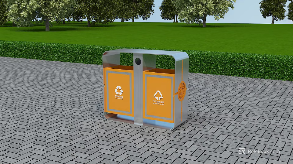 Outdoor Road Facility Trash Bin With Orange Silver Design And Recycling Symbols 3d model 
