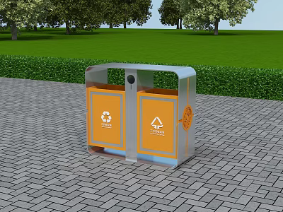 Outdoor Road Facility Trash Bin With Orange Silver Design And Recycling Symbols 3d model