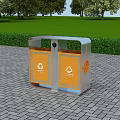 Outdoor Road Facility Trash Bin With Orange Silver Design And Recycling Symbols