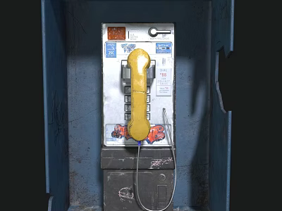 Vintage Public Telephone In Blue Booth With Yellow Handset And Keypad Stickers 3d model