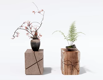 Quiet Wood Square Stool Jewelry Ornaments Combination Vase Flower Ornaments 3d model