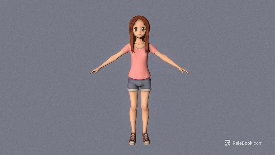 Anime Style 3D Female Character with Brown Hair Pink Top Blue Shorts on Gray Background 3d model 