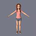 Anime Style 3D Female Character with Brown Hair Pink Top Blue Shorts on Gray Background