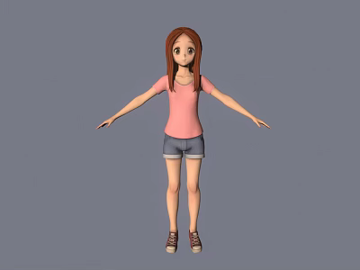 Anime Style 3D Female Character with Brown Hair Pink Top Blue Shorts on Gray Background 3d model