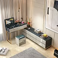 Modern White Dressing Table with Open Drawers Vase Books and Cosmetic Organizer