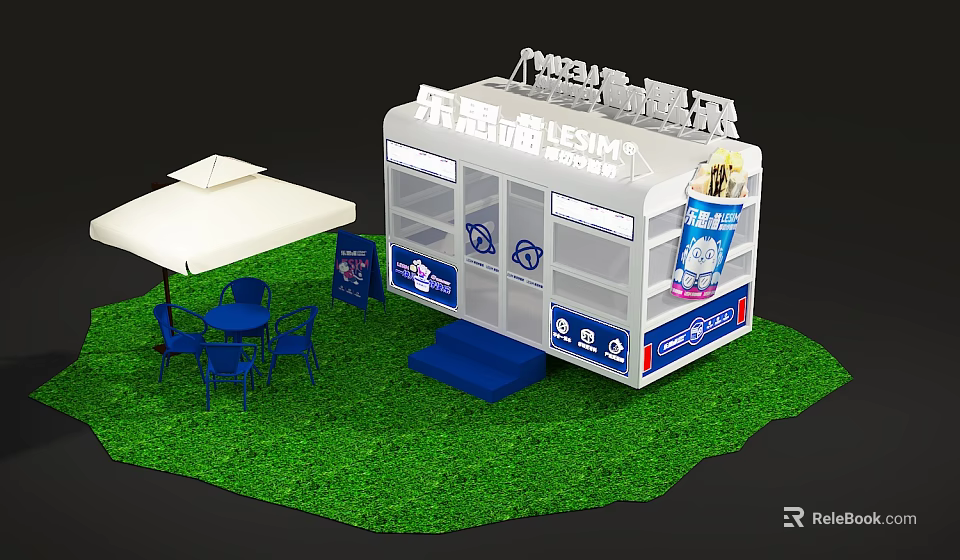 Cozy Mall Beverage Kiosk With Outdoor Seating Umbrella Tables And Chairs 3d model 