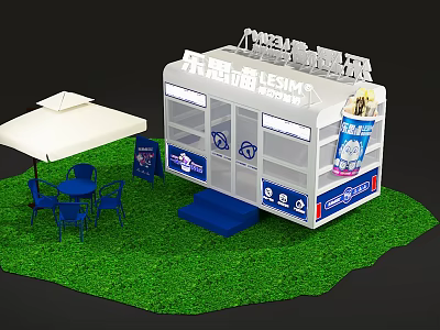 Cozy Mall Beverage Kiosk With Outdoor Seating Umbrella Tables And Chairs 3d model