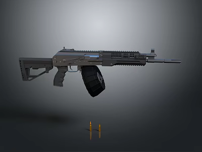 Modern Assault Rifle with High Capacity Magazine and Two Bullets in Studio Lighting 3d model